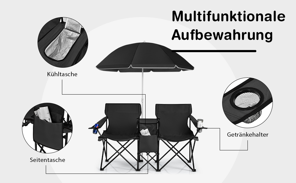 COSTWAY Campingstuhl mit Sonnenschirm, faltbar, mit Getränkehalter  Kühltasche , Klappstuhl für Paare, Doppel Angelstuhl türkisgrün