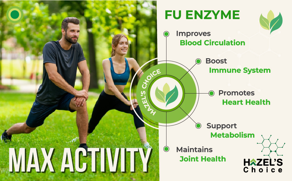 Health benefits of FU Enzyme supplement including blood circulation, metabolism, and joint health.