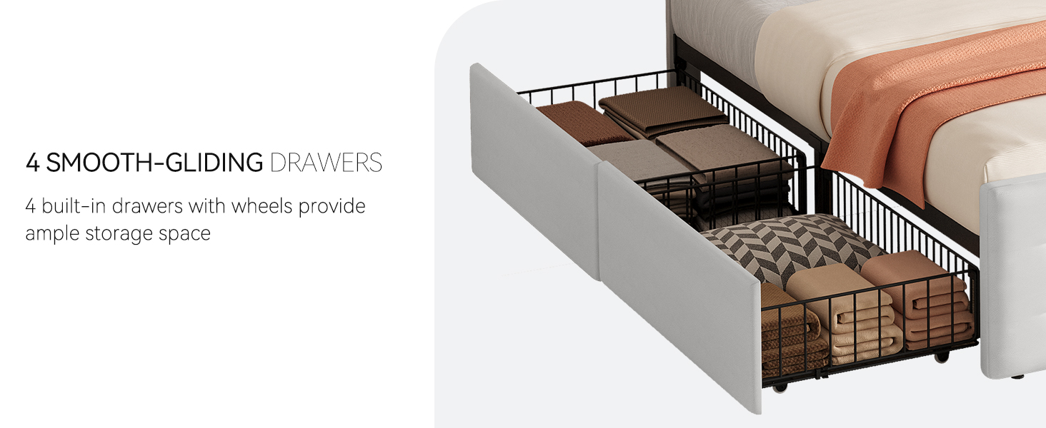 Upholstered King Size Platform Bed Frame with 4 Storage