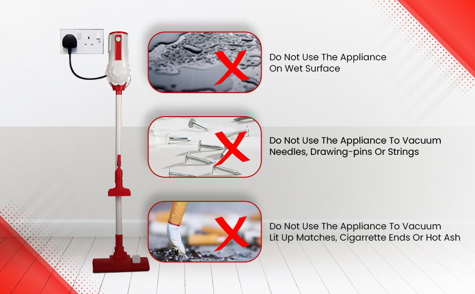 Red and white upright vacuum cleaner with safety instructions. Warnings against use on wet surfaces, vacuuming sharp objects, and lit cigarettes.
