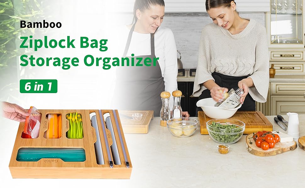 Bamboo Ziplock Storage Bag Organizer for Kitchen Drawer, 6 in 1 Wrap