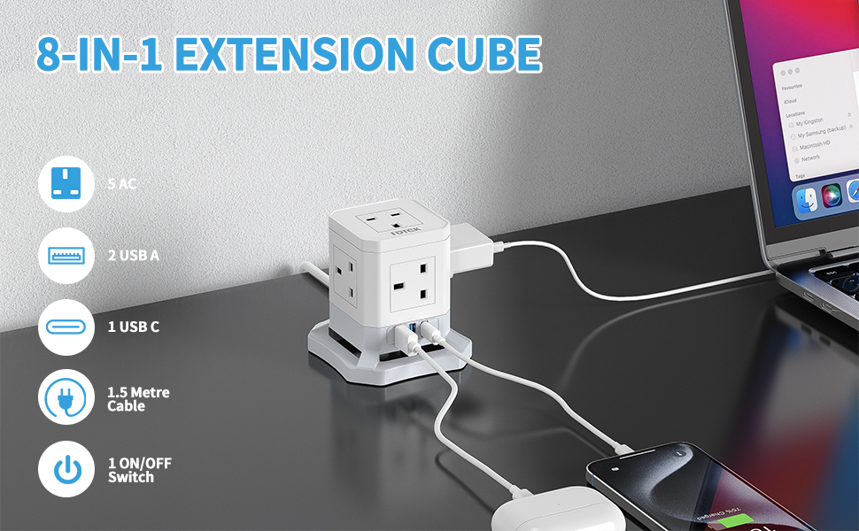 Cube Extension Lead with USB Slots, FDTEK 5 Gang Extension Cable with 2 USB A & 1 USB C Slots, Multi Plug Extension Socket With 1.5M Cord and Switch Power Strip for Home Office 9 Extension Lead Cube with USB Slots