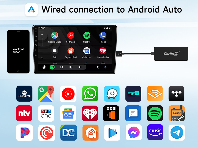 Android Auto interface on a car display, showing app icons. A wired connection adapter and smartphone are visible, demonstrating connectivity setup.