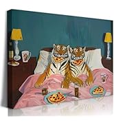LSXARTQQ Funny Tiger Eating Pizza in Bed Wall Art Vintage Fun Tigers Couple Canvas Wall Decor Max...