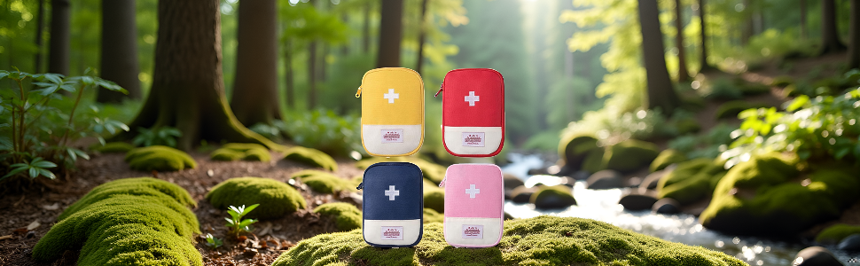 A serene outdoor scene with a backpack and the product lying on a rock near a peaceful stream.