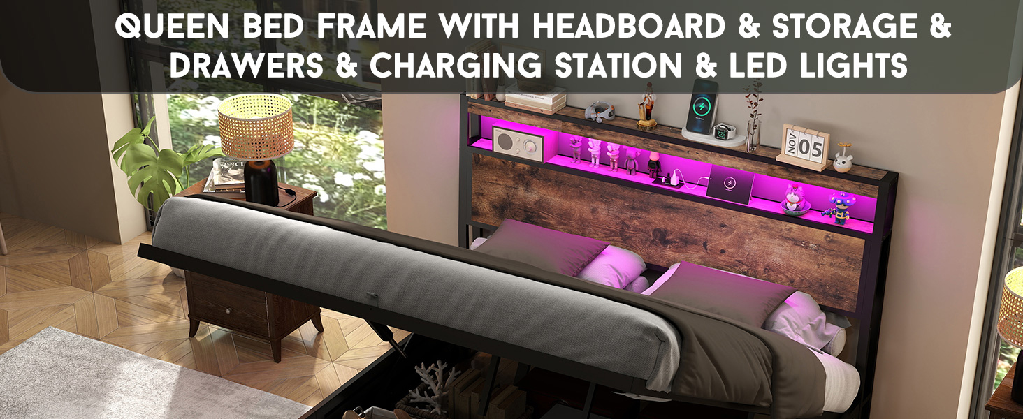 Anyhave Queen Size Lift Up Storage Bed Frame with Charging