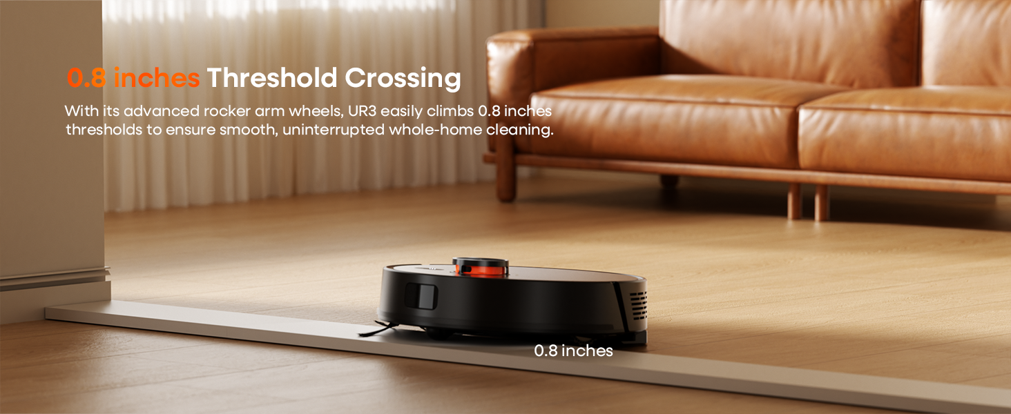 Text reads 'Threshold Crossing'. Interior room setting showing hardwood flooring transitioning to carpeted area with furniture.