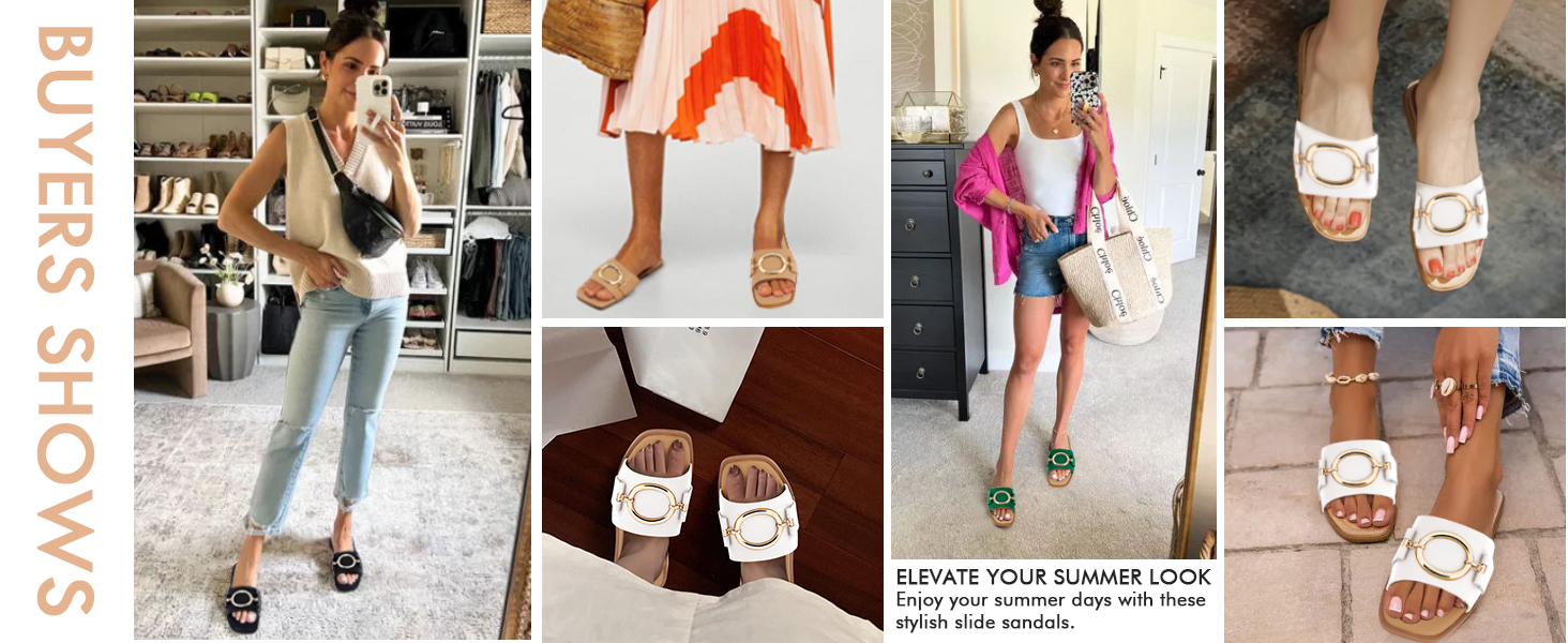 Womens Square Toe Dressy Summer Slide Sandals Flat Low Heel Metal Chain Slip On Party Slippers Shoes