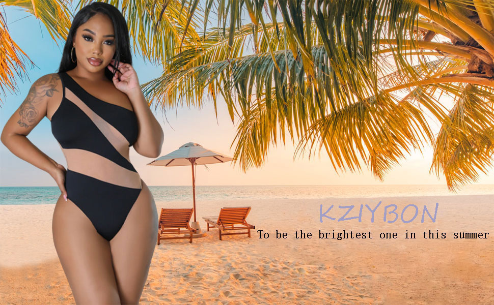 KZIYBON Women's one-Piece Swimsuit mesh Paneled one-Shoulder