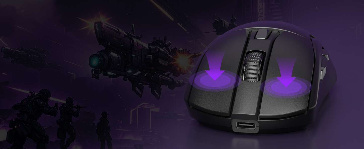 Gaming mouse shown on dark purple background with backlit purple accents, featuring multiple buttons and ergonomic design.