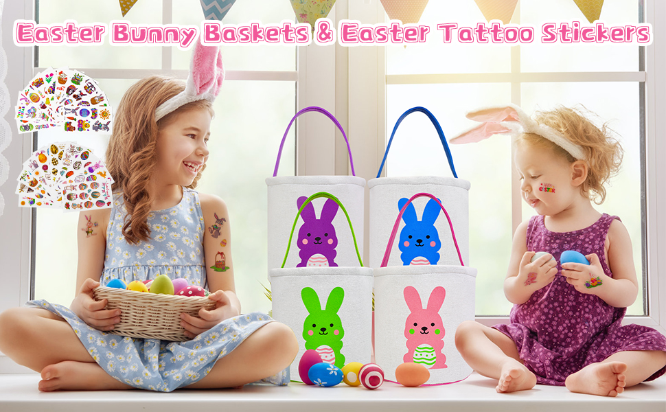 Easter Baskets for Kids, Easter Bunny Canvas Bags with 10Pcs Cute Tattoo Stickers