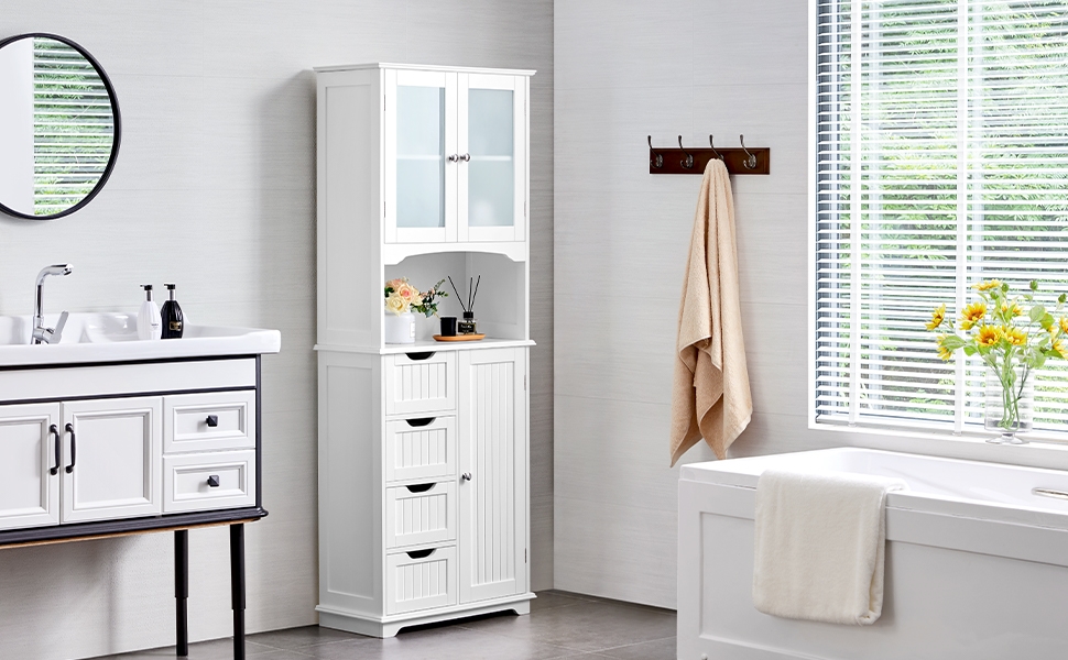 a white bathroom with a white cabinet and a towel rack.