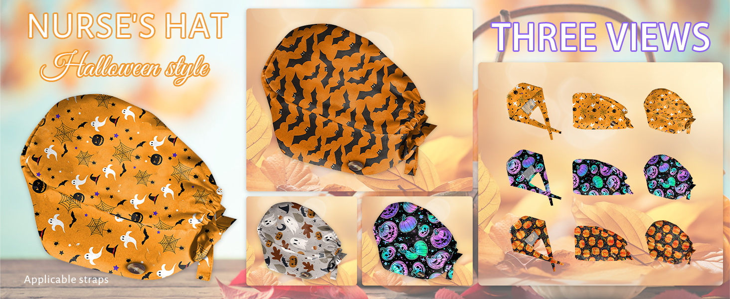 Halloween Scrub Caps Women Pumpkin Ghost Print Nursing Hats