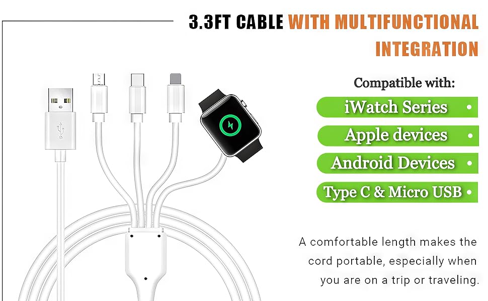 Câble de 3,3 pieds pour la série iWatch, pour appareils Apple, appareils Android, Type C et Micro USB