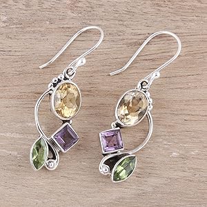  NOVICA Handmade Multigemstone Dangle Earrings Citrine Amethyst Peridot .925 Sterling Silver India 