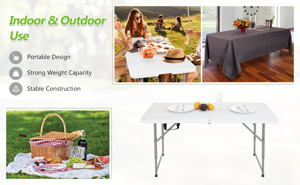 Folding Table 4 Foot, Heavy Duty Plastic Folding Tables with Carrying Handle, Fold