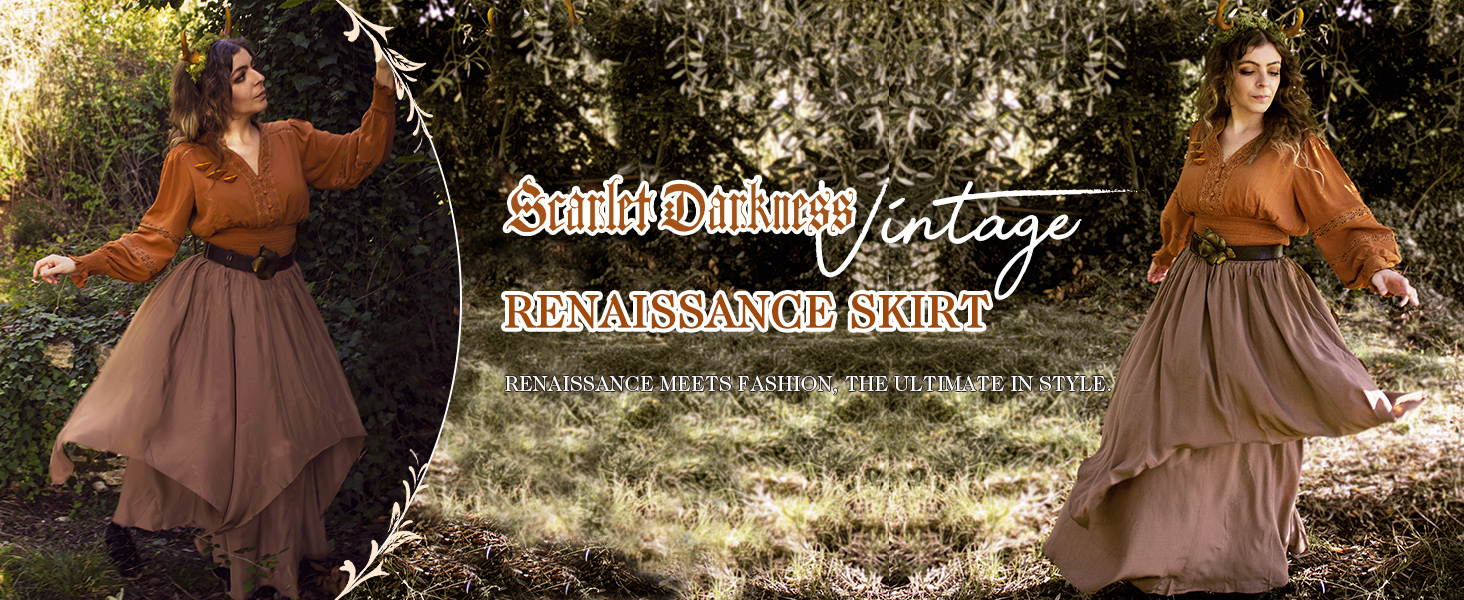 SCARLET DARKNESS Women’s Renaissance Maxi Skirt Elastic High Waist Double Layered Swing Skirt Vintage Pirate Tiered Skirts with Pockets 8 Renaissance Skirt