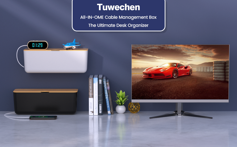 Cable Management Box Wall Mount Wood Lid Cord Organizer