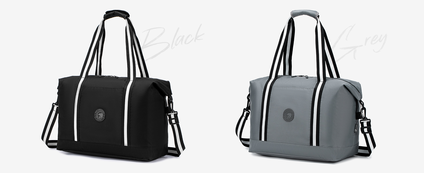 Deux sacs de voyage présentés côte à côte, l'un en noir et l'autre en gris, tous deux dotés d'un design structuré avec des poignées de transport et d'un style similaire.