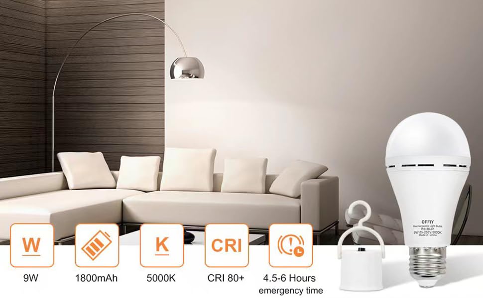 OFFLIY Emergency Light Bulbs, 1800mAh HighCapacity Battery for Longer