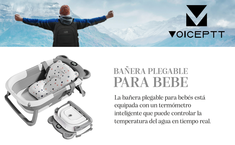 Bañera Plegable para Bebe, Tina de Baño para Bebe Cojín Antideslizante Pantalla Temperatura Bañera