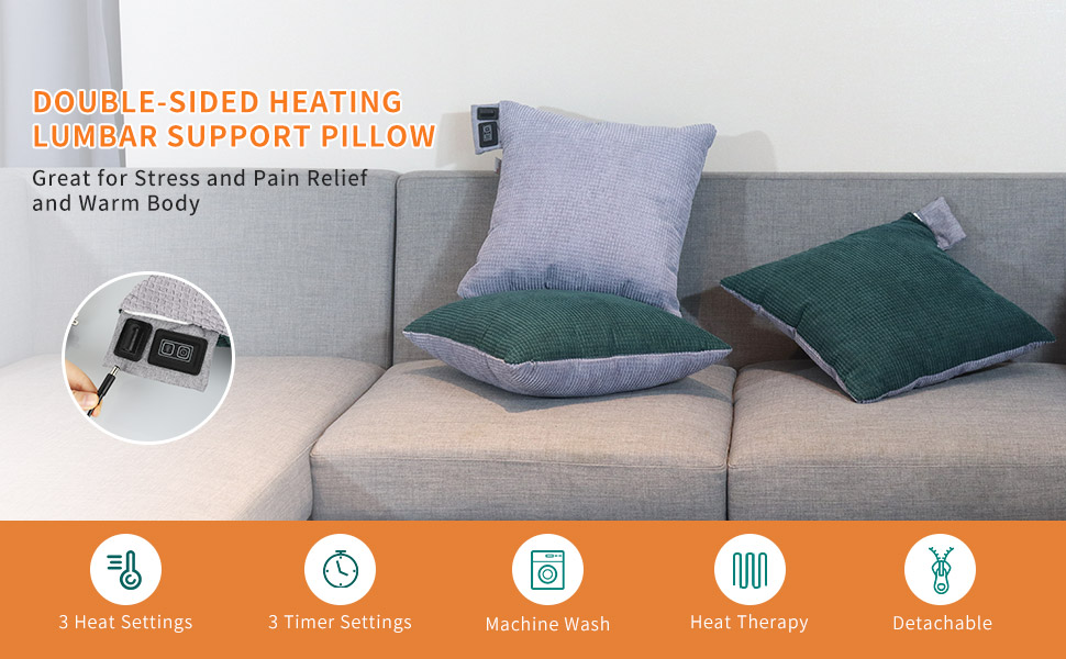 FirstE Heated Pillow DoubleSide Heating Lumbar Support Throw Pillow, 17.7" x 17.7