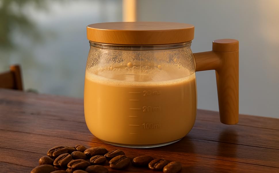 Self-stirring coffee mug with one-button mixing function, perfect for blending coffee on the go.