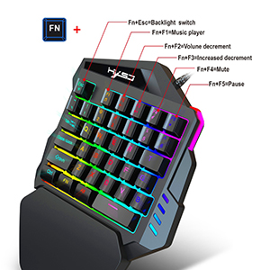 One-handed gaming keypad with RGB backlit keys, ergonomic design, and labeled function keys for various gaming actions. Features 'FN' key for additional controls.