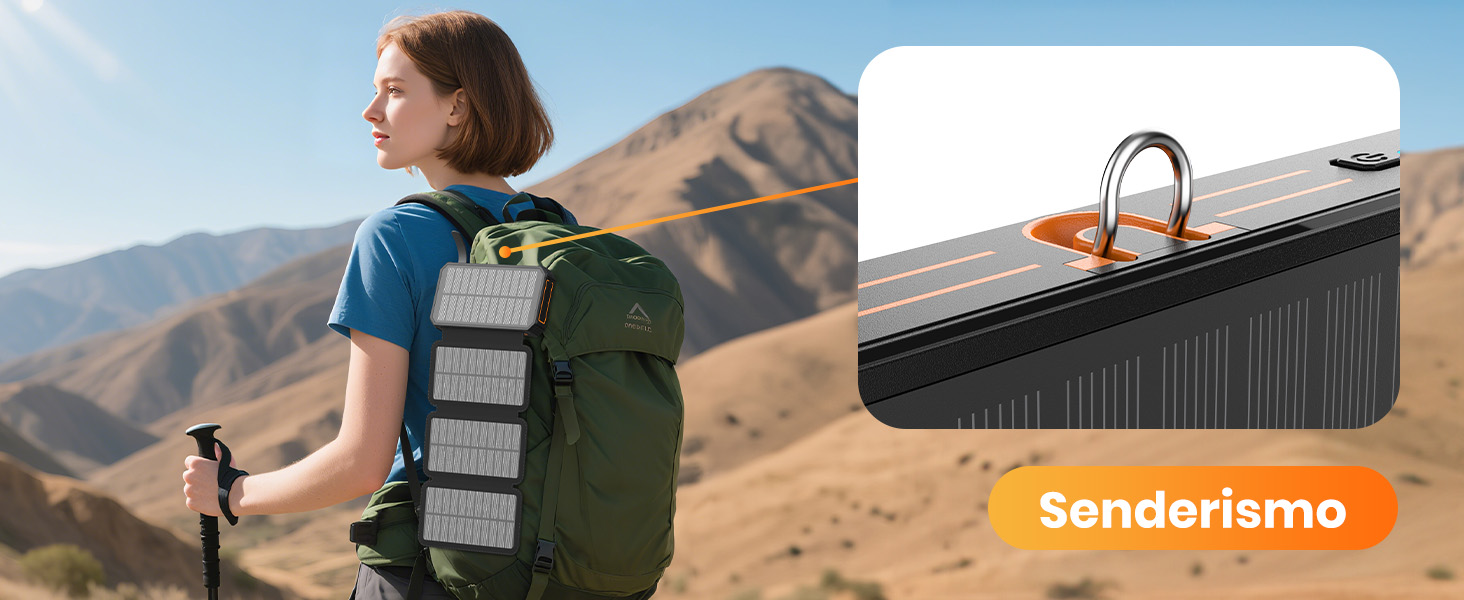 El texto dice «Sonderismo». Fotos de estilo de vida al aire libre que muestran escenas de senderismo con mochilas frente a paisajes montañosos y entornos junto a lagos.