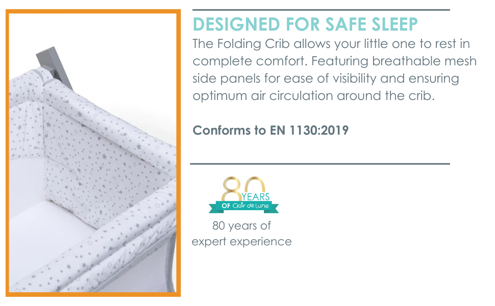 Clair de Lune Grey Folding Breathable Crib Safe Baby Space Travel