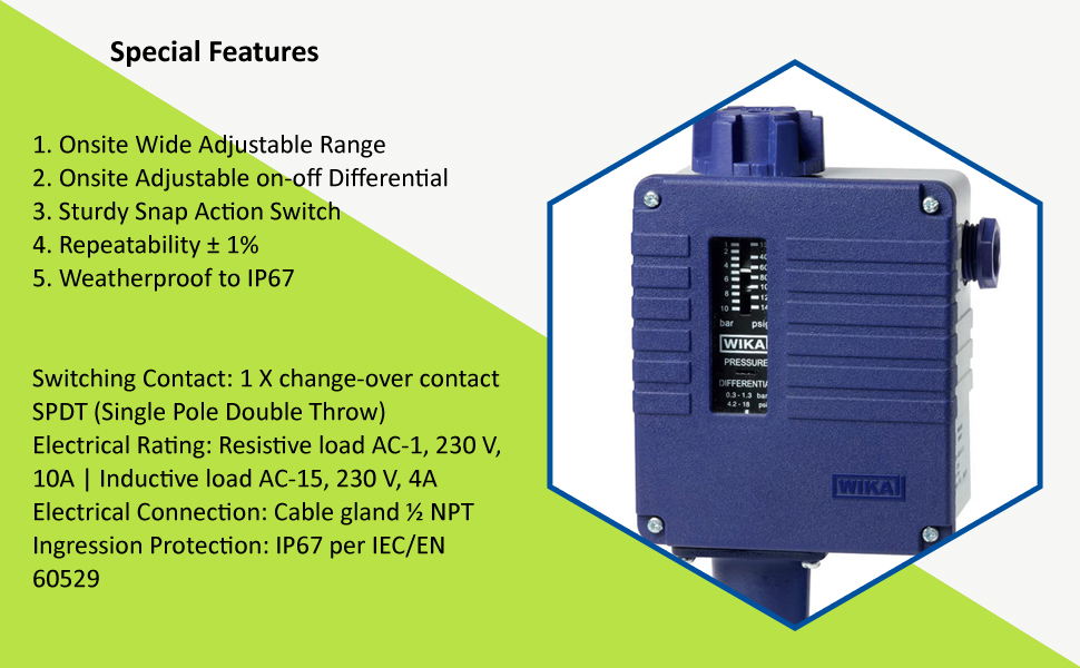 INDFOS Pressure Switch Model PSM550V111, Old Model RT 121 PB, Onsite Adjustable Setting Range