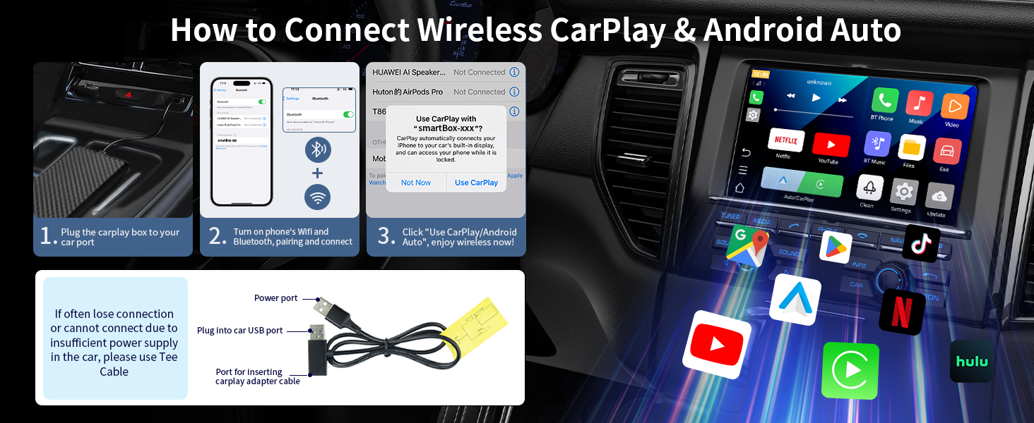 4 in 1 Wireless CarPlay Adapter with Netflix/YouTube/Tiktok