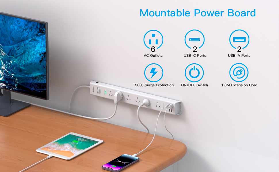 Surge Protector Power Board 6 Widely Outlets with 4 USB Ports(2 USB C