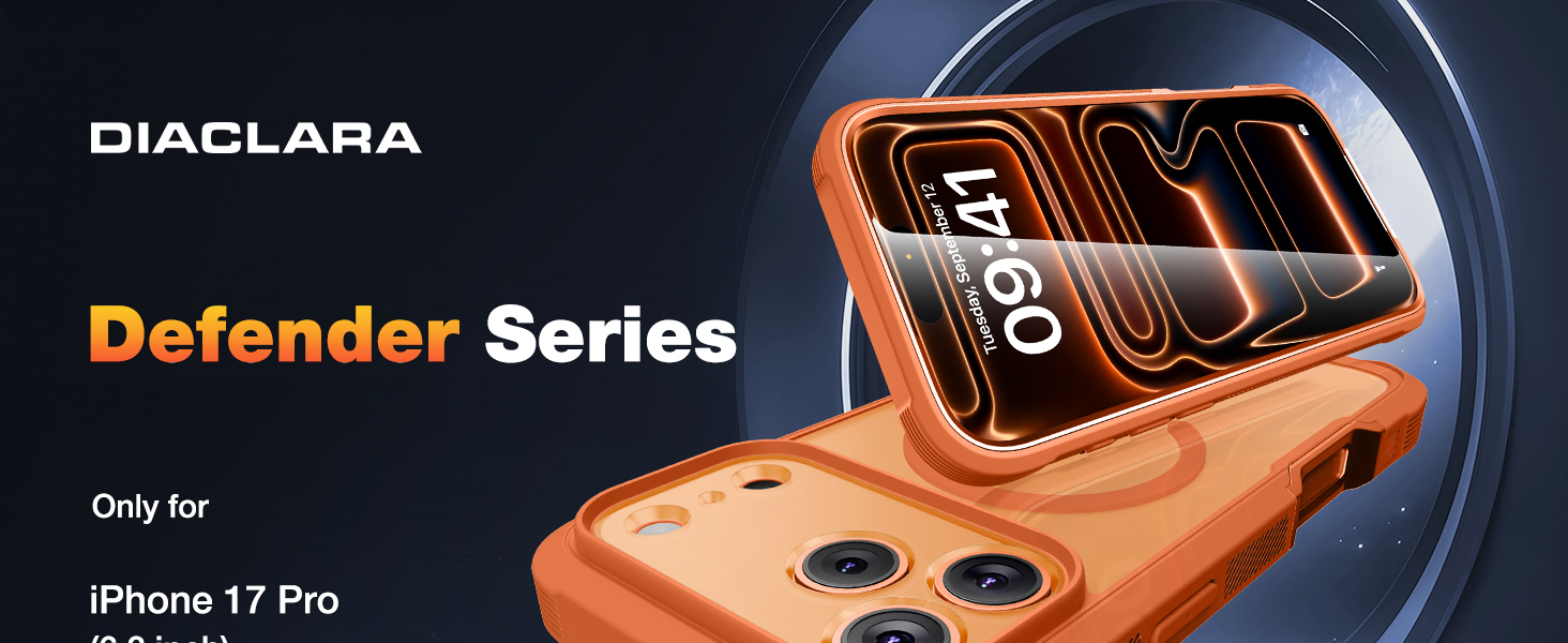Text reads 'BIACLARA Defender Series iPhone 17 Pro'. Product showcase of phone case with orange and black design elements against dark background.
