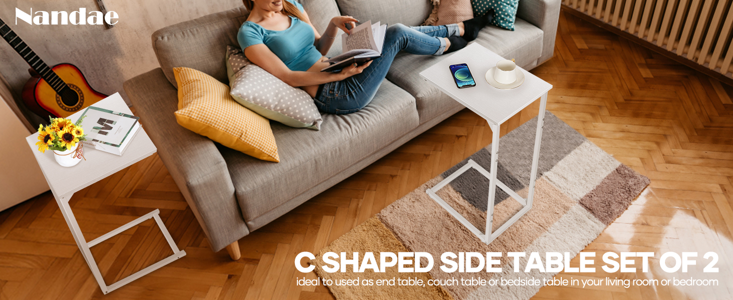 Nandae C Shaped End Table Set of 2, Rustic Tray Side Table