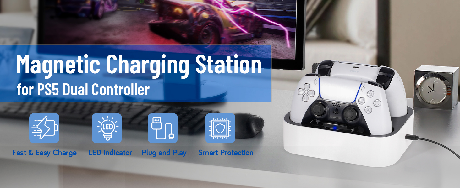 Mcbazel PS5 Controller Charging Station,Fast Charger Dock for PlayStation 5 DualSense Controller Charging Docking Station with LED Light Indicators/Fast Charging/Tri-protection/Dual Chargers 10 PS5 Controller Charging Station