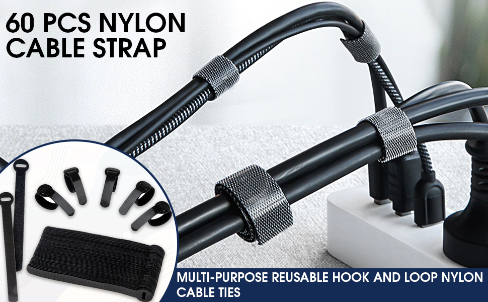 60 x Reusable Cable Ties Black, Adjustable Releasable Hook and Loop