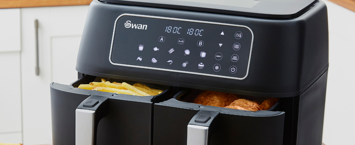 Swan Duo Digital Air Fryer, Dual Baskets, Family Sized 8L Cavity