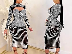 Lrady Women Sexy Long Sleeve Glitter Hot Drilling See Through Sheer Mesh Party Midi Dress