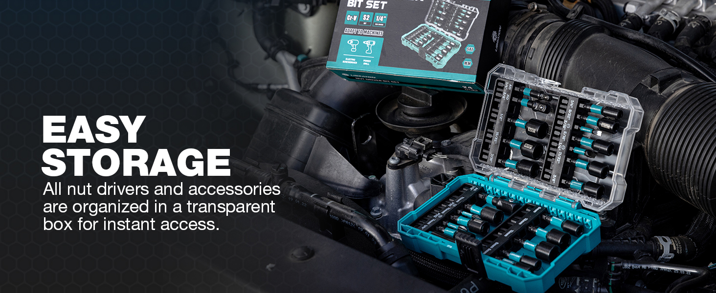 All nut drivers and accessories are organized in a transparent box for instant access