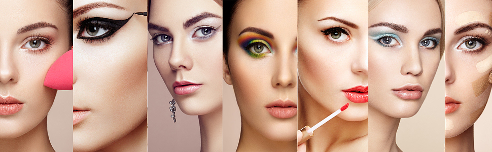 Series of beauty product promotional shots arranged in horizontal layout, featuring cosmetic applications.