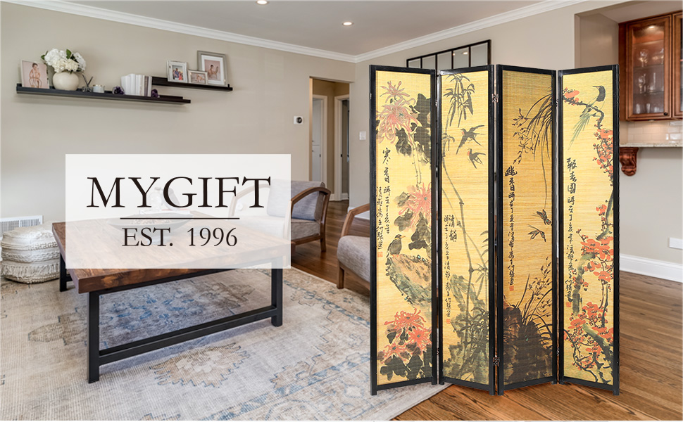 Decorative Chinese Calligraphy Design Wood & Bamboo Hinged 4 Panel Screen/Freestanding Room Divider