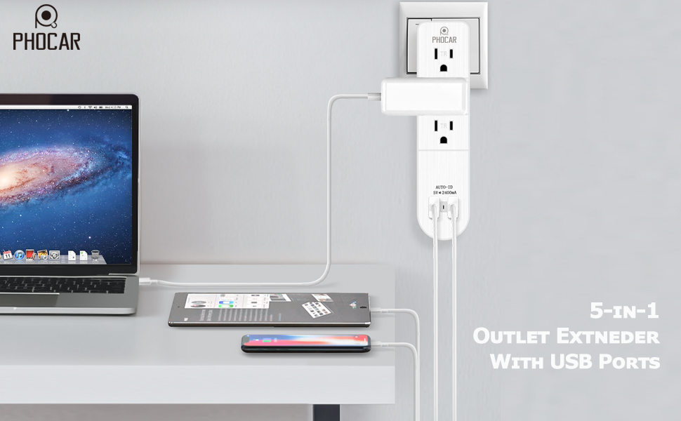 PHOCAR Outlet Extender with USB, Portable Multi Plug USB