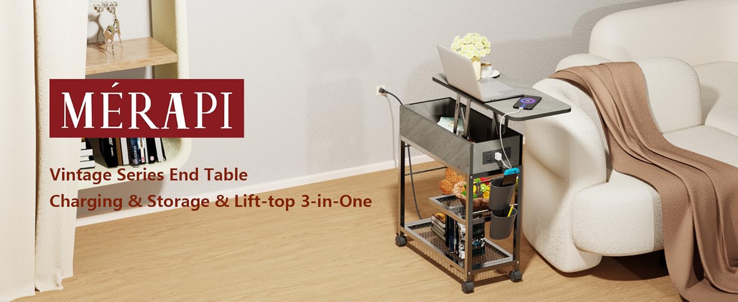 Merapi Lifttop End Table with Charging Station, Gray Sofa