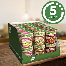 Knorr Pasta Snack im Becher ist sehr leicht mit heißem Wasser zuzubereiten und fertig in 5 Minuten