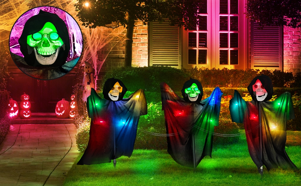 TURNMEON 3Pack Lighted Skeleton Ghost Halloween Yard Stakes