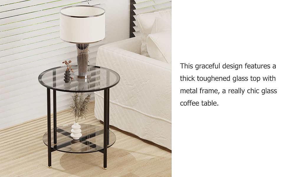 Artloge Glass Round Side Table Small 2 Tiers Modern Accent Tables Circle Diameter 50cm Slim