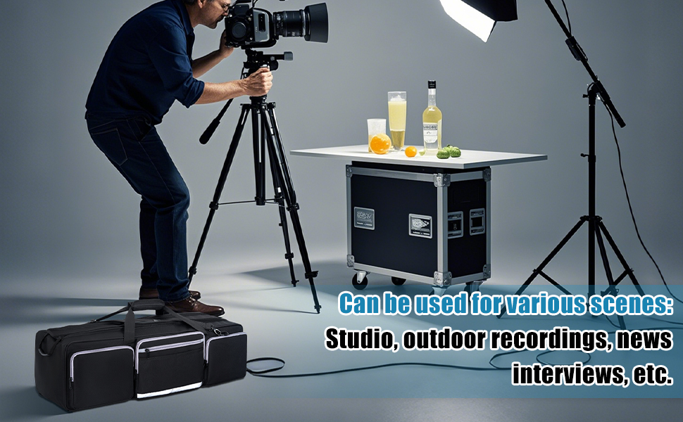 Text reads 'Can be used for various scenes: Studio, outdoor recordings, news, interviews, etc.' Professional photography setup with camera on tripod and lighting equipment.