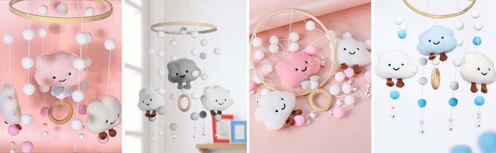 Babe Mobile Baby Wind Chimes with Felt Balls Clouds Stars Mobile Baby Room Wood Crochet Mobile Baby