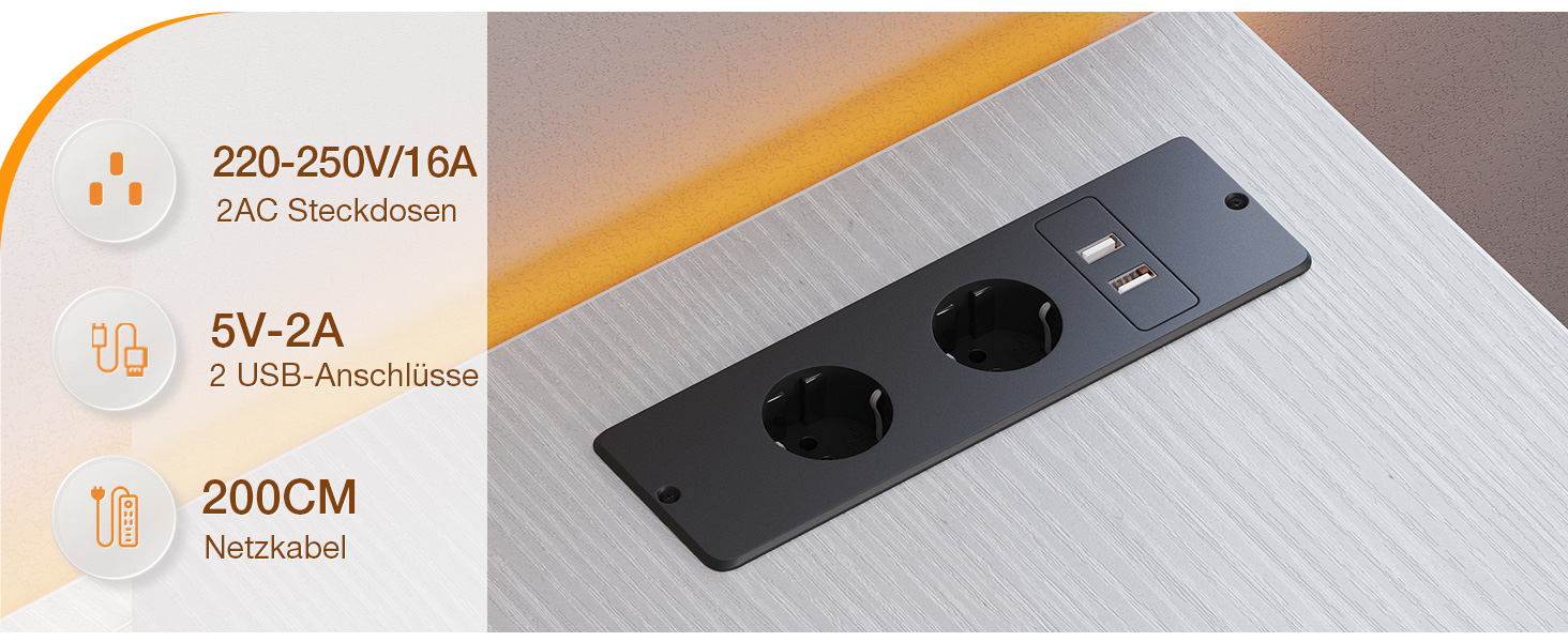 2 USB-Ladeanschlüsse und 2 Netzsteckdosen